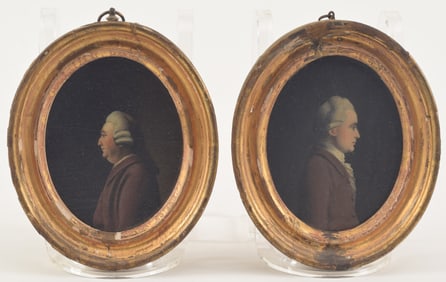 Pair of 18th century miniature oval portraits of two gentlemen in fine coats. Possibly American. Oil