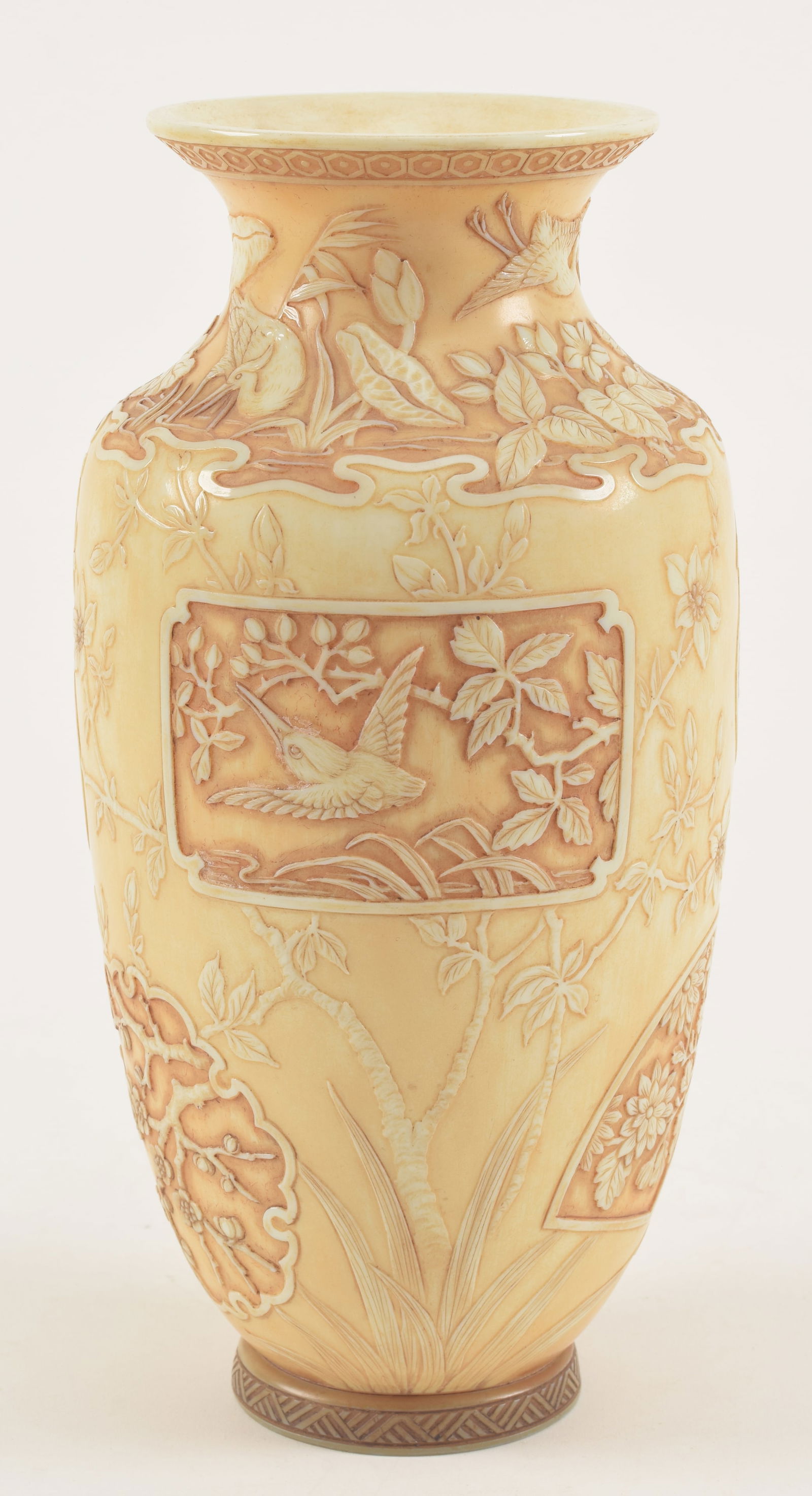 Thomas Webb & Sons Old Ivory cameo glass vase, decorated in Aesthetic Japanese motif, England circa: Thomas Webb & Sons Old Ivory cameo glass vase, decorated in Aesthetic Japanese motif, England circa 1890. Impressed mark on base. Height 9in.