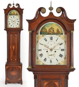 Finely inlaid rocking ship tall clock by Alexander King, Petershead, Scotland, circa 1825. The