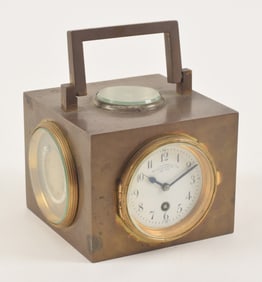 Brass desktop clock compendium, with thermometer, aneroid barometer and compass. The eight day clock