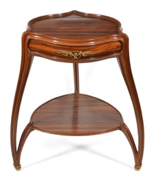 Louis Majorelle rosewood Art Nouveau two-tier triangle table with drawer and medial shelf, France