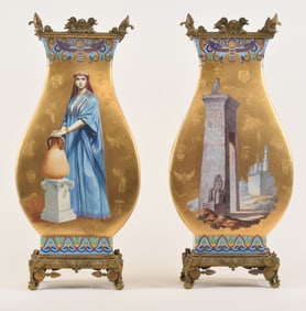 Pair of 19th century large impressive Egyptian Revival gilt Paris porcelain and bronze mounted