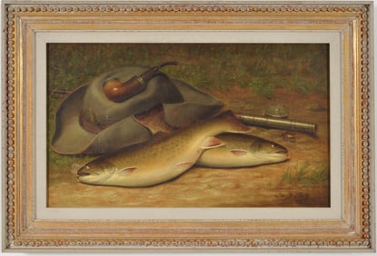 Walter Brackett. Massachusetts/Maine. 1885. Outdoor fishing still life with brook trout, fishing