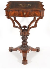 Regency mahogany and rosewood lift top sewing stand with brass and marquetry inlay, circa 1830. The