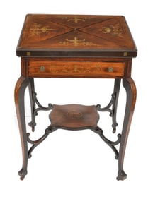 Edwardian rosewood and marquetry inlaid handkerchief form games table, circa 1900. The four part