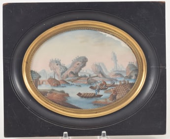 18th/19th century Chinese export industrial scene painting. Depiction of figures on boats and land