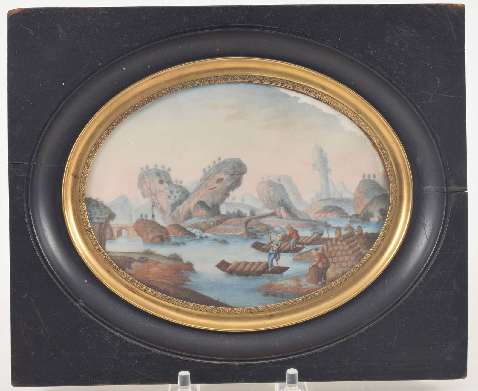 18th/19th century Chinese export industrial scene painting. Depiction of figures on boats and land