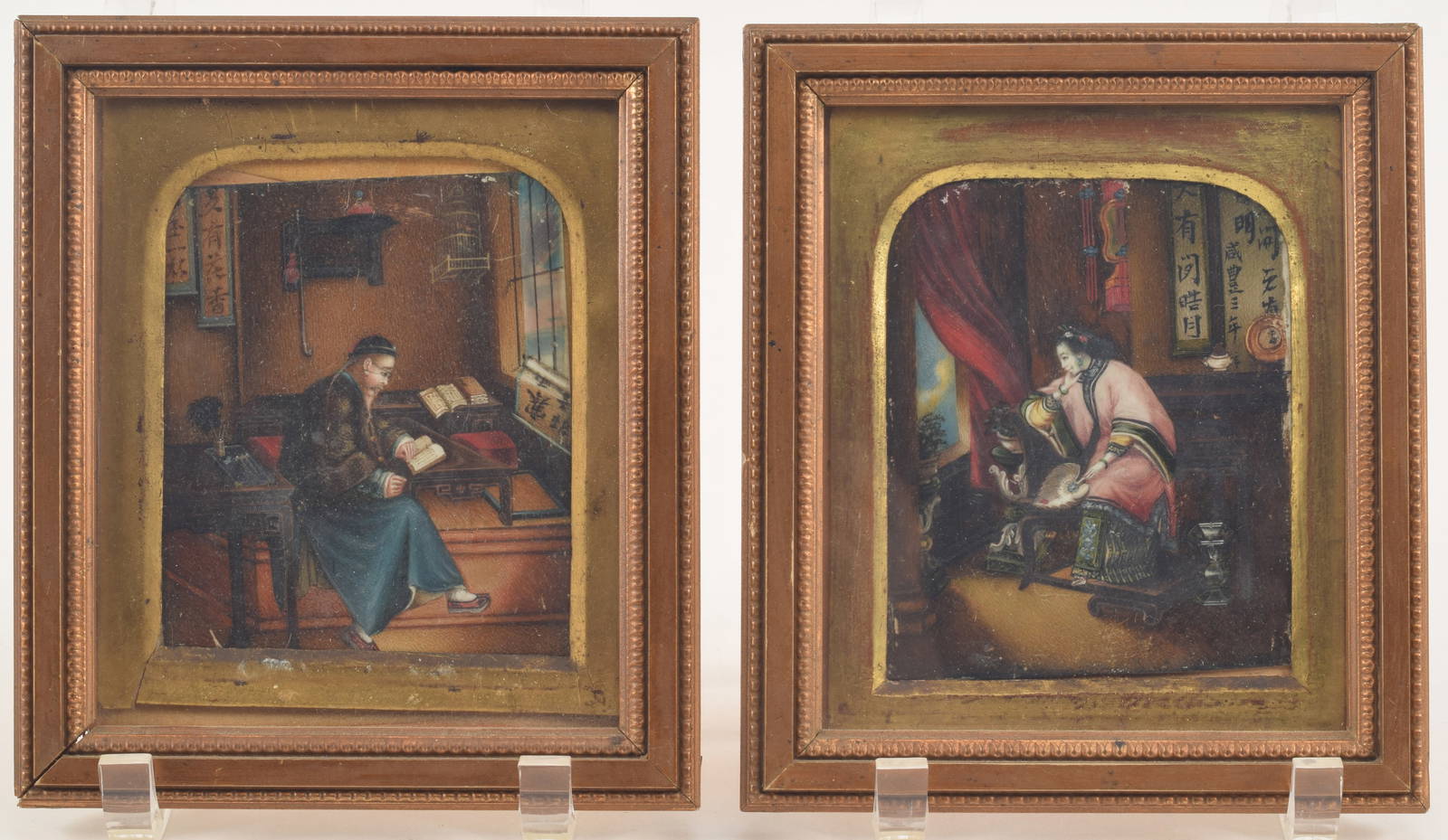 Attributed to George Chinnery, pair of 19th century Chinese export interior genre scene paintings. A