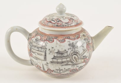 Chinese export teapot. 18th century. Grisaille decoration of boats and pleasure pavilions. 6.75 x