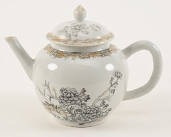 Chinese export teapot. 18th century. Grisaille decoration of flowers and gilt. 7 x 6.75in.