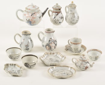 Lot of 14 pieces of Chinese export porcelain. Chien Lung period (1735-1796). Grisaille and gilt