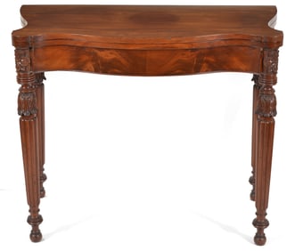 Antique Salem, Mass. Macintyre style carved mahogany card table. Large flower carved capitals and