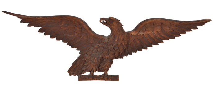 Antique carved wood eagle wall plaque. Loss and repairs to feet. 39.5in wide.