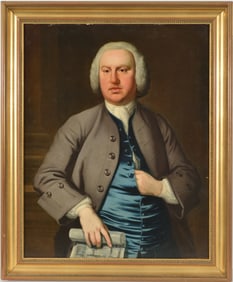18th century Anglo-American colonial portrait of a gentleman in grey coat with blue vest holding an
