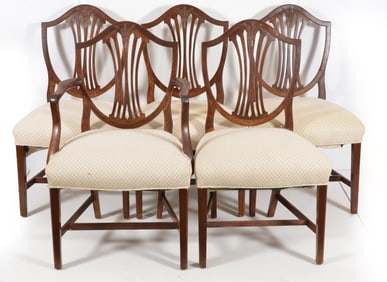 Set of 5 18th century Salem, Mass. Hepplewhite shield back chairs. 1 armchair and 4 side chairs.