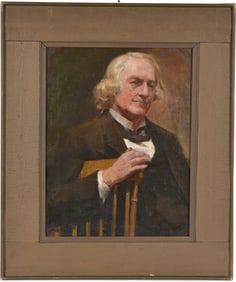 19th century American school portrait of a statesman leaning on a chair. Oil on canvas. Framed.