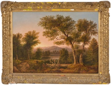 19th century American school Hudson River style landscape with two hunters, one holding a musket.