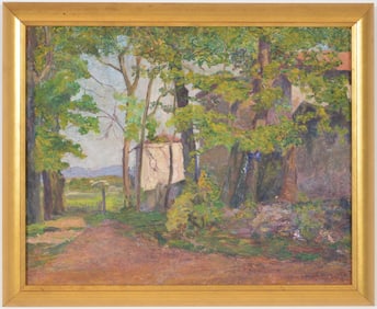 Eleanor Hay. Maine/California. 1937 impressionist landscape with red tile roof buildings. Oil on