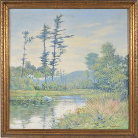 William Houghton Pearce. Large bright impressionist landscape with hills in the background. Oil on