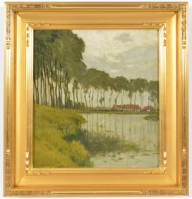 Charles Warren Eaton. Arts and Crafts style landscape with trees and houses by a river. Oil on