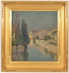 Charles Warren Eaton. French or Belgian village river scene. Oil on stretched canvas. Signed lower