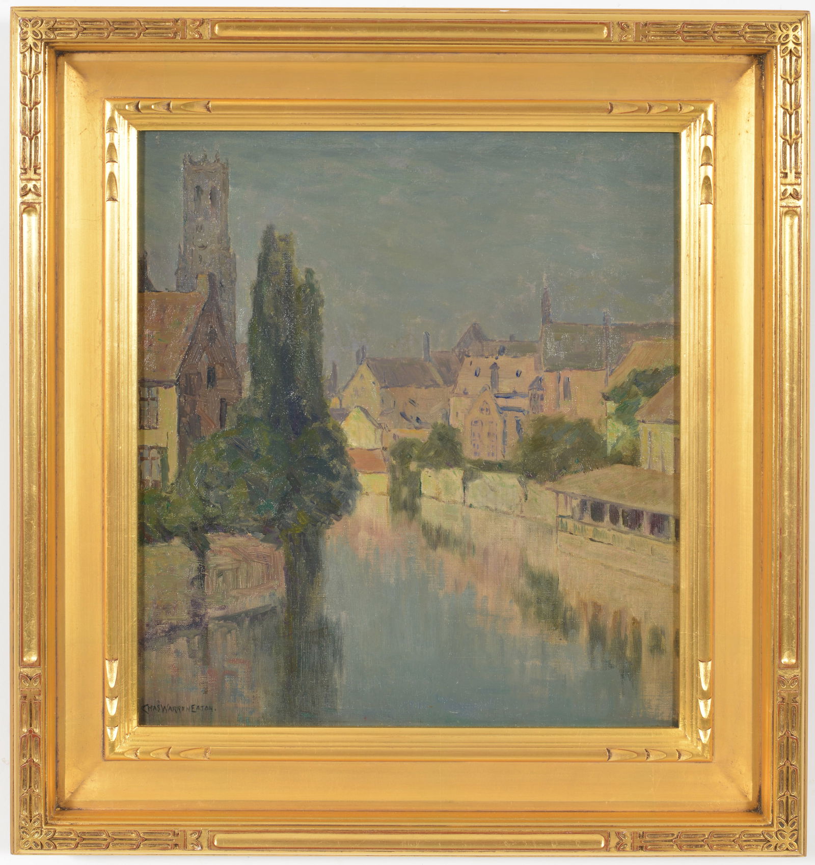 Charles Warren Eaton. French or Belgian village river scene. Oil on stretched canvas. Signed lower (1 of 8)