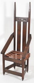 Charles Rolfs style antique Arts and Crafts tall slat back arm chair with cut out splat and slant