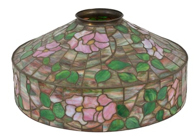 Leaded glass floor lamp shade with green ground and floral decoration, early 20th Century. Diameter