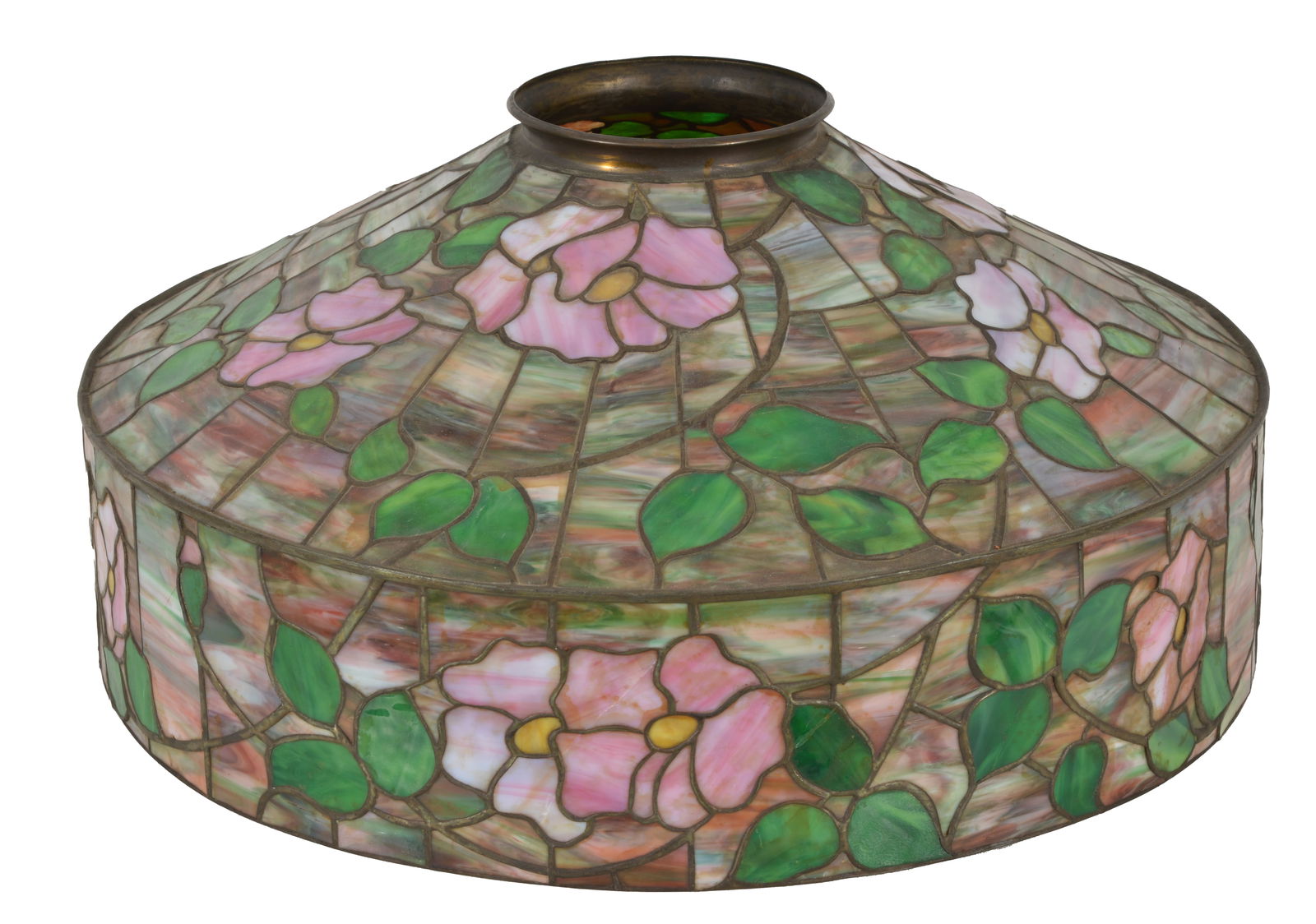 Leaded glass floor lamp shade with green ground and floral decoration, early 20th Century. Diameter (1 of 7)