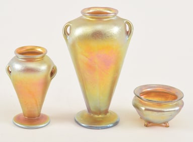 3 Tiffany Studios miniature favrile glass vase, two graduated classical form, the smaller with