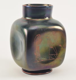 Stevens and Williams heavy incised pinched Egyptian decorated iridescent glass vase. Footed square
