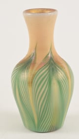 Union Glass favrile glass small bud vase, circa 1900. Marked on base Kew Blas. Height 4.25