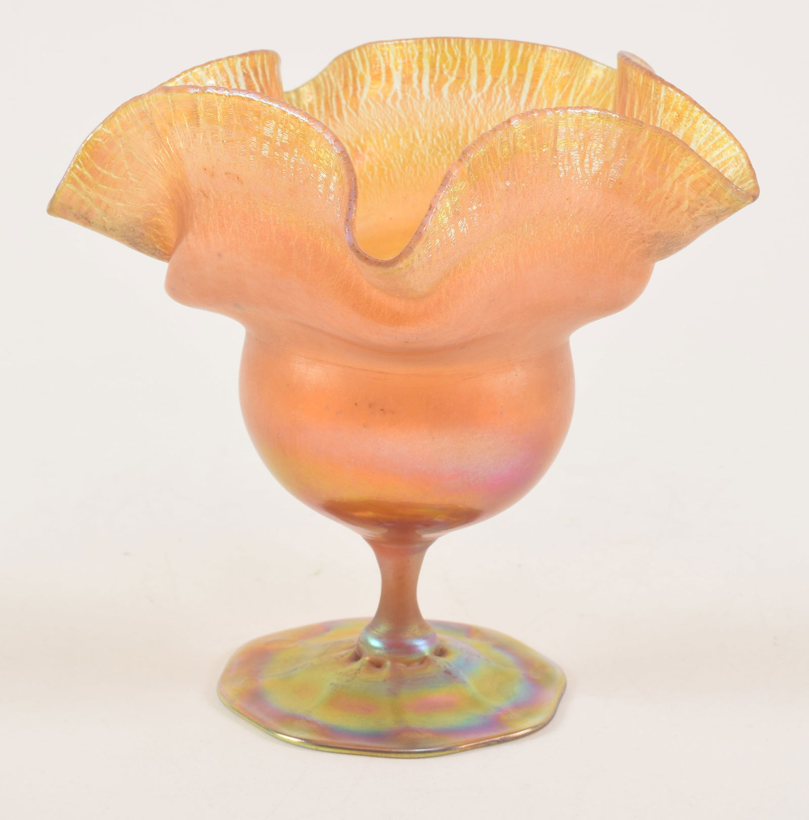 Tiffany Studios favrile glass ruffled edge low footed vase, circa 1900. Etched L.C.T. 6116B.Height 5 (1 of 5)