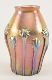 Tiffany favrile glass vase. Gold with hanging applied tendril decoration. Signed and numbered on