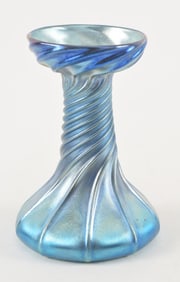Louis Comfort Tiffany blue favrile glass twist form candlestick. Drilled for a lamp. Signed on base.