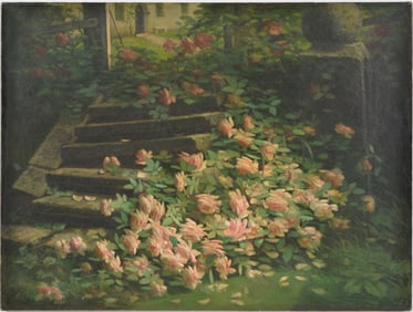 19th century large impressionist floral garden landscape. Oil on canvas. Signed lower left. Relined.