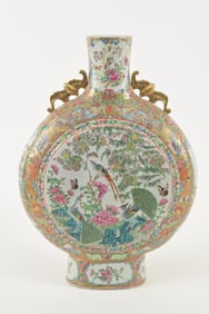 Chinese export porcelain rose medallion moon vase with figural panels. 19th Century. Height 19.25