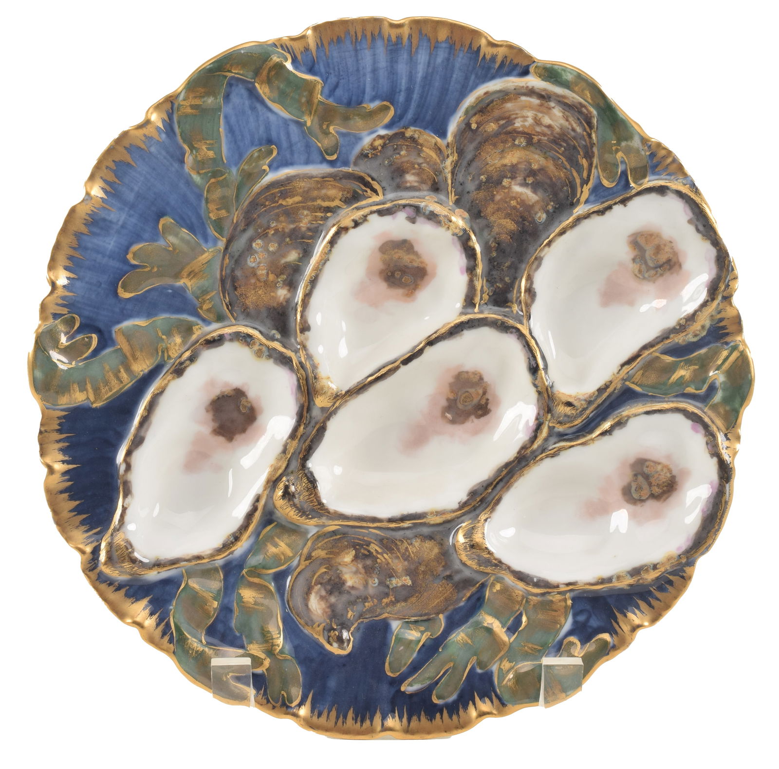 White House Limoges porcelain oyster plate. Rutherford B. Hayes service, circa 1880. Haviland & Co,: White House Limoges porcelain oyster plate. Rutherford B. Hayes service, circa 1880. Haviland & Co, design patent August 10, 1880. Shaped edge with molded oysters with blue enamel and gilt decorations