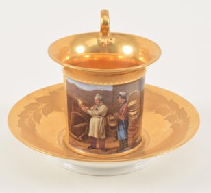 Finely decorated Russian porcelain coffee cup and saucer, 19th Century. Gilded with hand painted