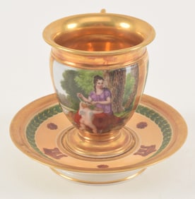 Russian or Paris finely decorated porcelain cup and saucer, 19th Century. Gilded with classical