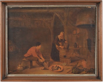 18th/19th century Dutch old master genre scene of figures preparing game in the kitchen. Oil on