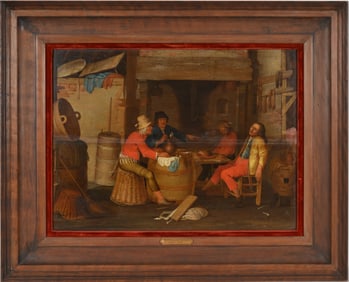 Matteus van Helmont. Belgium. Old master interior tavern genre scene. Oil on cradled panel. Sight: