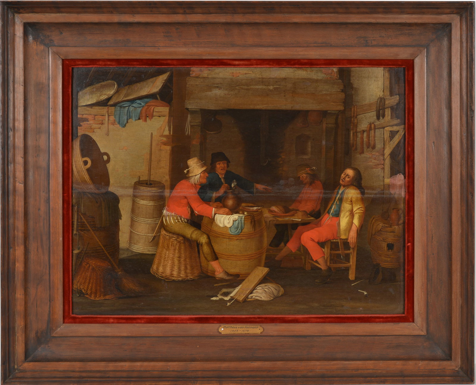 Matteus van Helmont. Belgium. Old master interior tavern genre scene. Oil on cradled panel. Sight: (1 of 7)