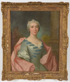 J.C. Vincent 18th century French portrait of a noble woman dressed in flowing pink and blue satin