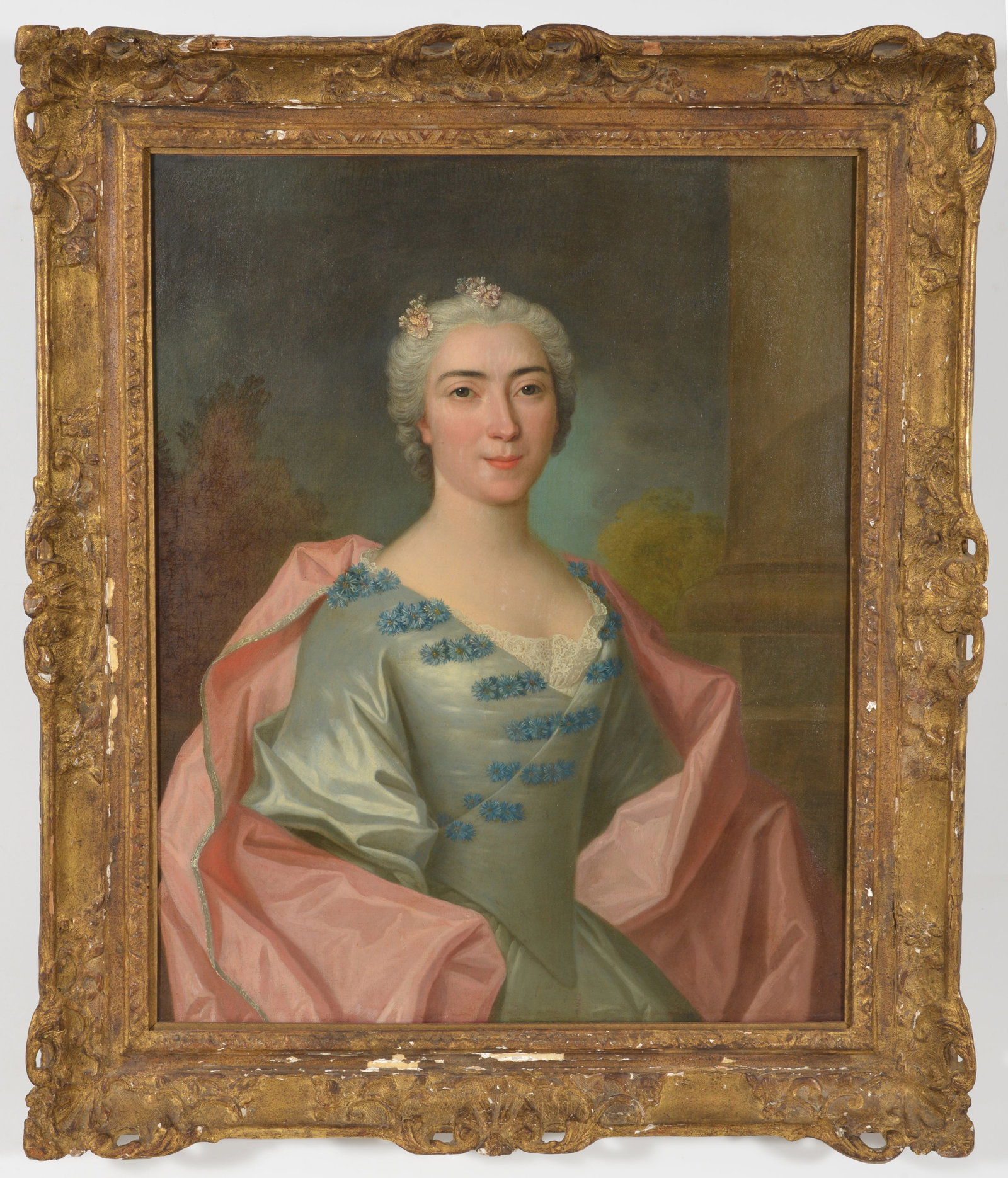 J.C. Vincent 18th century French portrait of a noble woman dressed in flowing pink and blue satin: J.C. Vincent 18th century French portrait of a noble woman dressed in flowing pink and blue satin fabrics. Oil on canvas. Framed. Relined. Transcribed inscription on reverse with artist name and date,