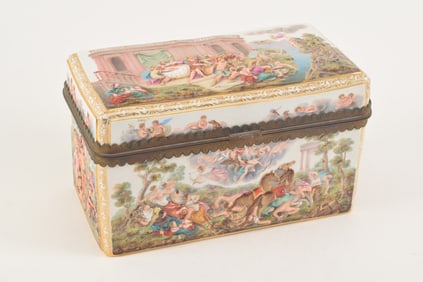 Meissen molded and hand painted porcelain box with various classical scenes and brass mountings,