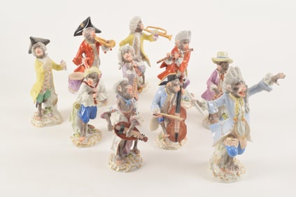 10 Meissen monkey band figures with underglaze blue marks and incised model numbers. Including a