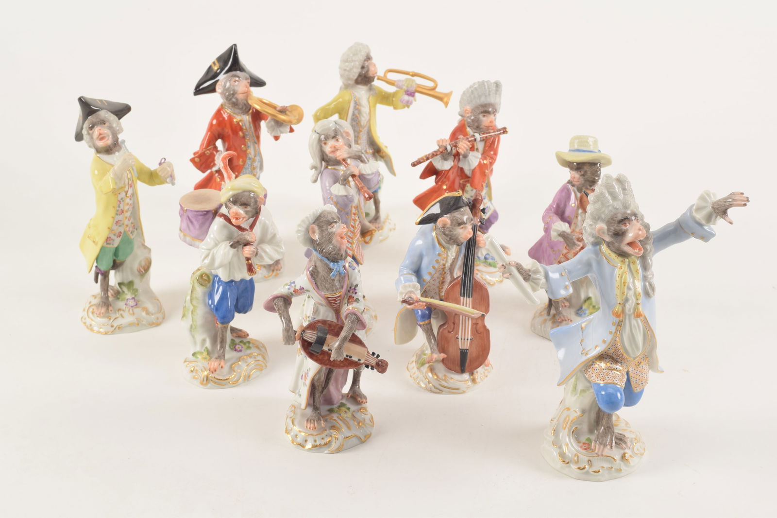 10 Meissen monkey band figures with underglaze blue marks and incised model numbers. Including a (1 of 13)