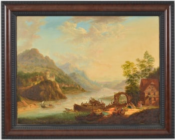 18th century German school Rheinisch river landscape with multiple figures in a village and boats.