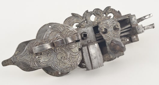 17th/18th century wrought iron door lock. Pierced and engraved panels. 14.5in wide.